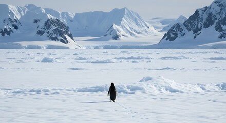 a lone penguin moving towards a mountains in wast antartica, disoriented and deranged 2007