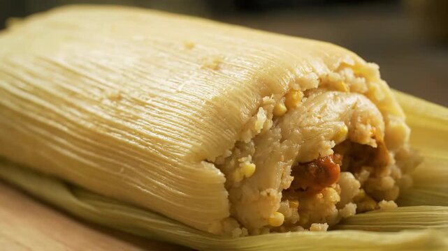 Close-up of a Traditional Mexican Tamale Wrapped in a Corn Husk, Revealing the Texture of the Masa Dough and Savory Filling