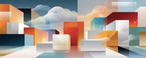 Naklejka premium Diverse professionals stand on colorful stepping blocks in an abstract digital transformation scene