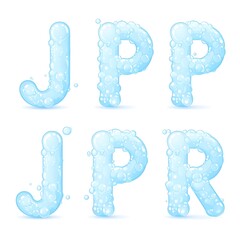 6 stylized, shiny light blue bubble letters, J, P, R, resembling soap bubbles, isolated against a white backdrop