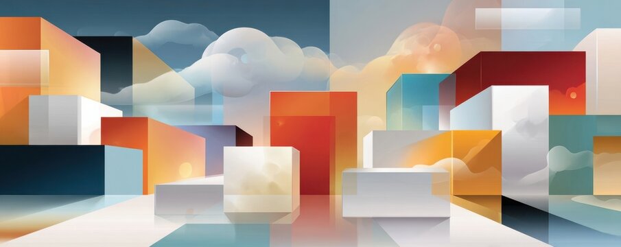 Diverse professionals stand on colorful stepping blocks in an abstract digital transformation scene - Powered by Adobe