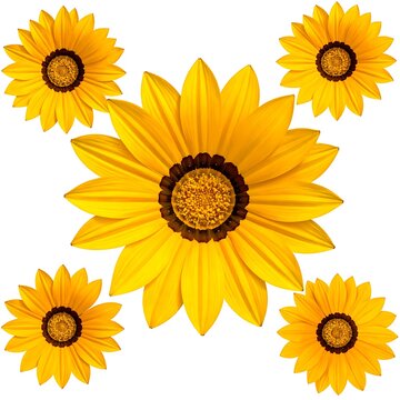 5 yellow daisy-like flowers arranged in a quincunx pattern against a white backdrop; central focus flower