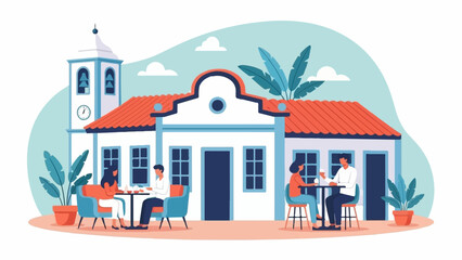 Obraz premium People enjoy drinks at tables outside a building with a clock tower