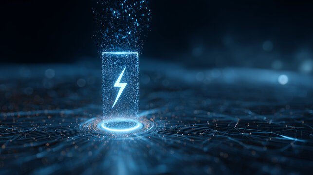 A high-tech 3D visualization of a futuristic holographic battery cell with a glowing blue lightning bolt symbol, constructed from shimmering particles on a digital circuit background.