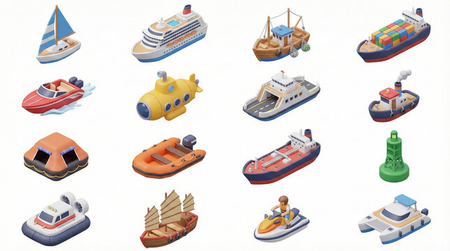 3D cartoon collection of marine water transportation vehicles and vessels including cruise ship, container ship, sailboat, submarine, ferry, and tugboat isolated on white background.