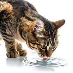 A tabby cat lapping water. The bright background reflects the liquid. Ripples form as it drinks