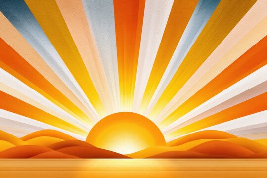 Vibrant sunrise sunburst background with bold yellow rays and orange clouds