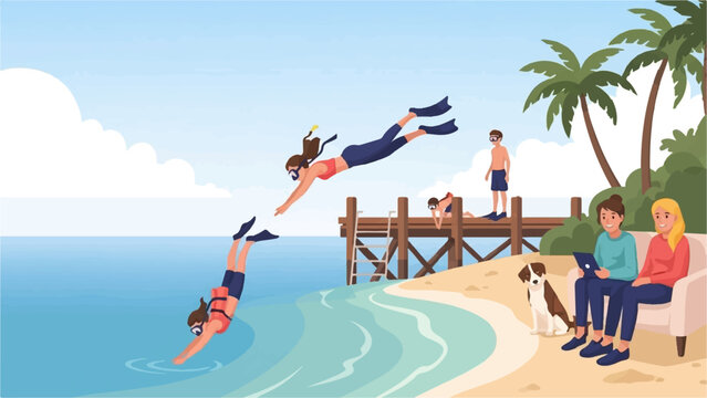 People enjoying summer vacation activities at a beach with water sports and relaxation
