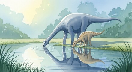 Large and small dinosaur drinking water from a pond. Prehistoric watercolor art for science education and natural history concept.