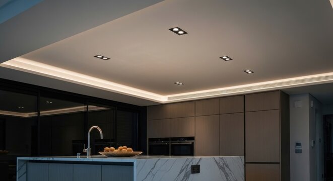 Modern kitchen with recessed lighting, integrated strip lights, and a marble island