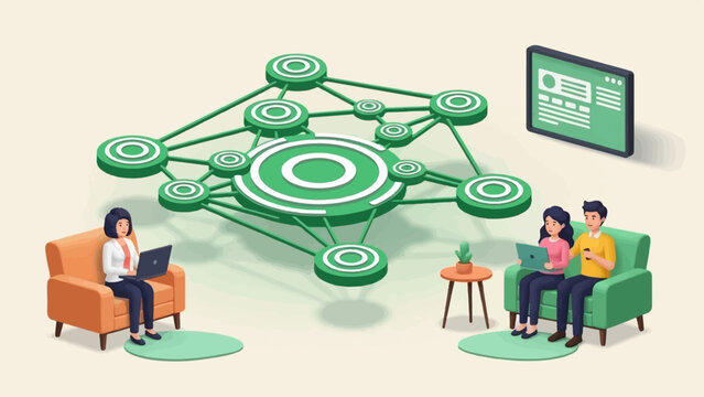 People connect on devices to a central network hub with digital display