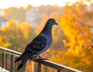 A pigeon perched on a railing, with autumn foliage and blurred buildings in the golden, warm-toned background