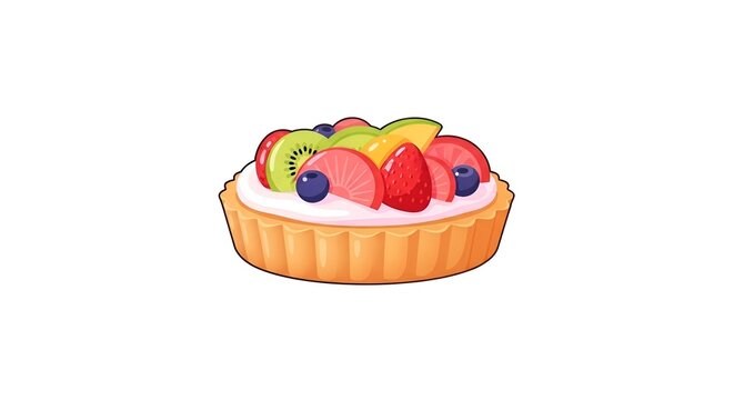 Vibrant illustration of a delicious fruit tart with strawberries, kiwi, and blueberries on a creamy white filling and golden crust.