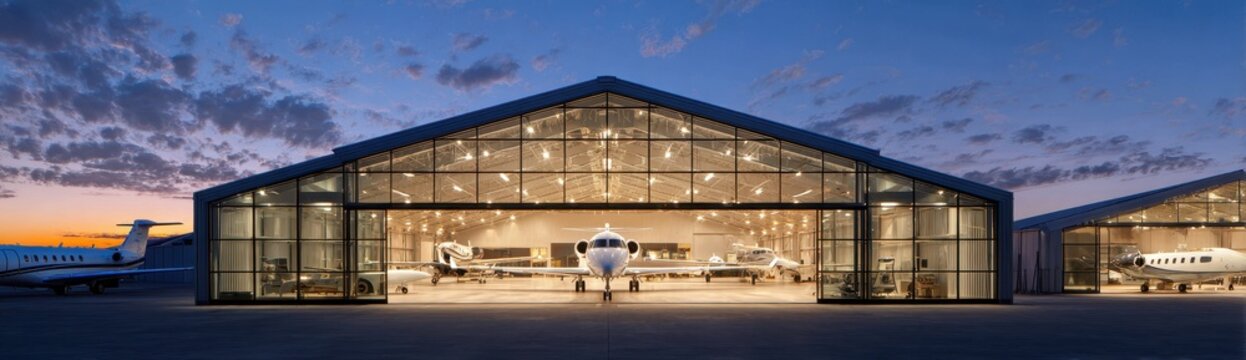 High quality photo of Modern airplane hangar with private jets at dusk