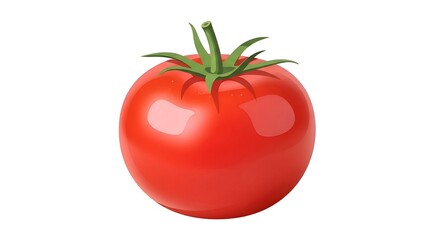 Vibrant red ripe tomato with green stem isolated on a clean white background, fresh and ready for culinary use.