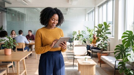 A young professional woman using a tablet in a modern office space with colleagues in the background