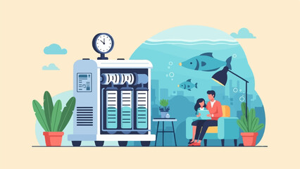 Family relaxing indoors, with a water filter system and aquarium