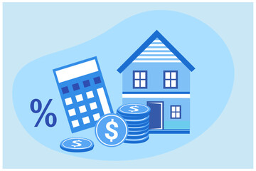 Home loan, mortgage loan interest rate with growth graph. Increasing of interest rates, real estate and property investment vector illustration