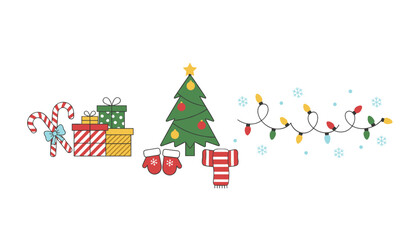 Cute holiday icons including Christmas tree wrapped gifts candy canes mittens and string lights
