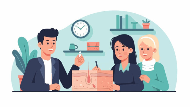 People discussing a skin sample with a hair follicle illustration