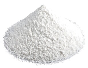 A pile of fluffy, fine, white powder, forming a small, conical mound, isolated against a white backdrop