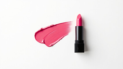 Vibrant pink lipstick with smudged makeup on white background.