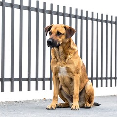 A tan dog sits alertly near a gray fence against a white backdrop, looking off to the side
