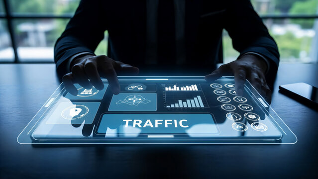 Specialist monitoring web traffic data on interactive tablet glass