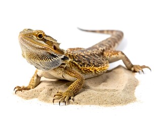 A bearded dragon lizard rests on sand, its spiky neck visible against a stark white background