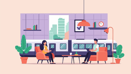 Modern scene with people working on laptops near a train and city view