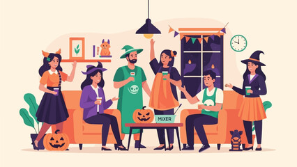 People dressed for Halloween enjoy drinks and a party indoors