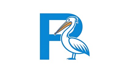 Obraz premium Blue letter 'P' with a white pelican overlayed on it. Blue lineart and an orange beak on a white backdrop