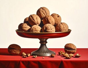 A pile of walnuts sits in a red bowl atop a red surface against a white backdrop, still life rendering