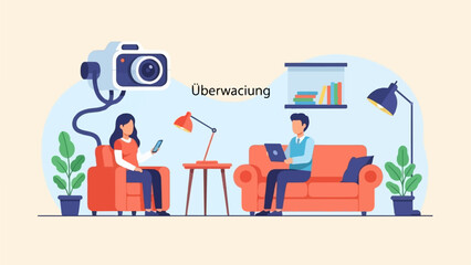 Modern living room with surveillance camera monitoring two people