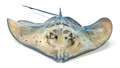A beige stingray with dark spots is isolated on a white background. The angle is slightly above