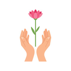 Hands holding flower vector clipart, flat style illustration for wellness, care, and nature concepts