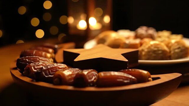 ramadan iftar table with dates and traditional sweets under warm lantern light creating cozy islamic atmosphere
