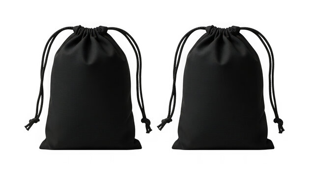 Pair of black drawstring pouches isolated on transparent background