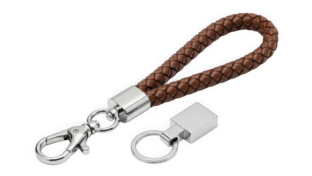 Brown braided leather keychain with metal attachments isolated on transparent background