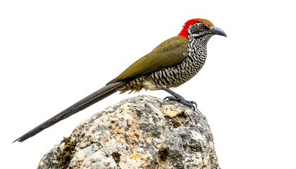 A bird perched on a rock; plumage boasts red head, olive wings, and a black & white striped chest