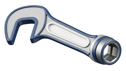 3D render of a dual-ended wrench with blue and gray accents