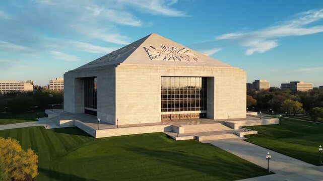 Pillared monumental building with stepped entrance and angular roof structure at sunset