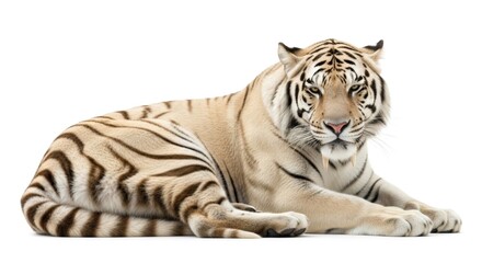 Obraz premium White tiger with impressive fangs lying down on a clean white background. Big cat representing prehistoric saber tooth tiger concept.