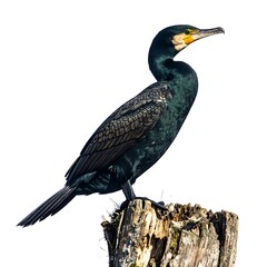 A black cormorant stands proud atop a weathered tree stump, set against a stark white background