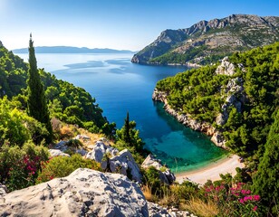 A tranquil coastal bay scene with clear turquoise water, lush green trees, and distant mountains under a sunny sky