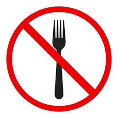 A black fork silhouette crossed out by a red circle and diagonal line on white backdrop