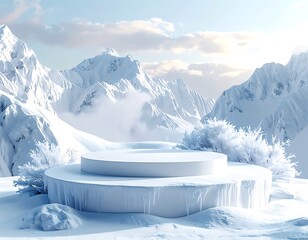 A pristine white podium sits atop a snow-covered platform, framed by majestic mountains and a cloudy sky