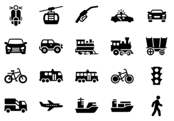 Sixteen bold black 2d glyph icons of global transportation, including cars, planes, and infrastructure, systematically arranged on an isolated transparent background. Concept of systematic digital