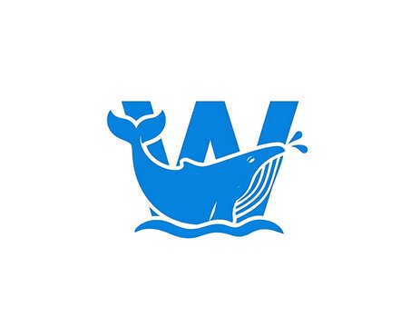 Blue whale graphic with the letter "W" incorporated in stylized aquatic design on a white background