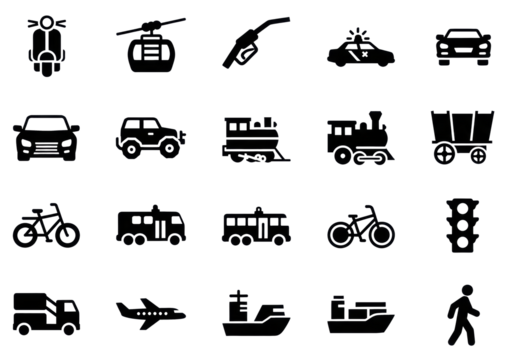 Sixteen bold black 2d glyph icons of global transportation, including cars, planes, and infrastructure, systematically arranged on an isolated transparent background. Concept of systematic digital - Powered by Adobe